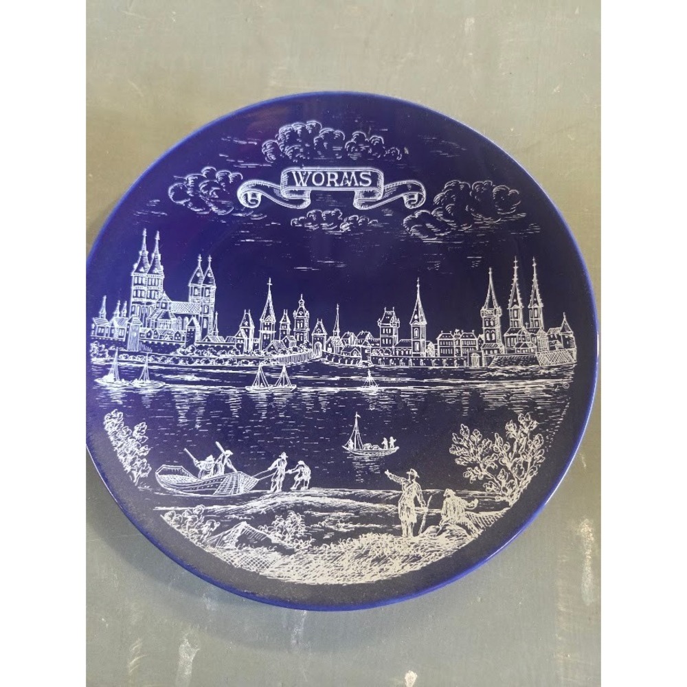 DP Porzellan Worms Germany Souvenir Plate Cobalt Blue Skyline Etched Design 7.5"